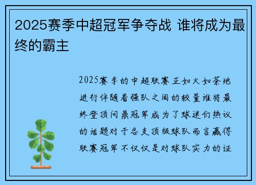 2025赛季中超冠军争夺战 谁将成为最终的霸主