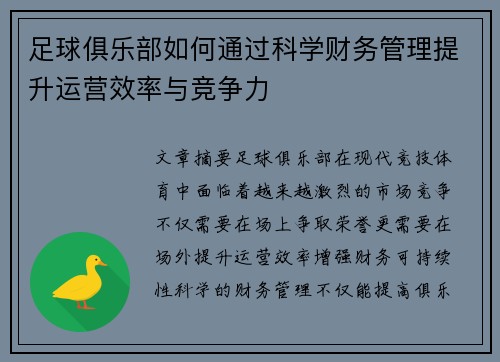 足球俱乐部如何通过科学财务管理提升运营效率与竞争力