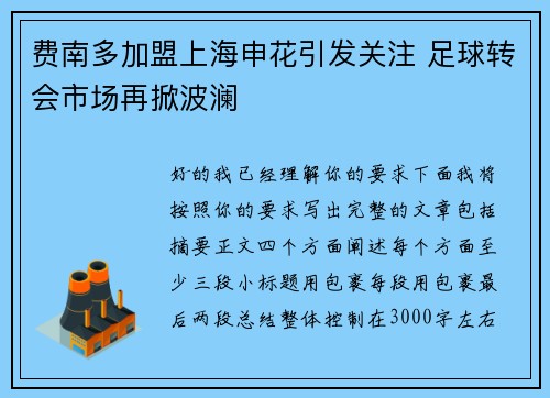 费南多加盟上海申花引发关注 足球转会市场再掀波澜